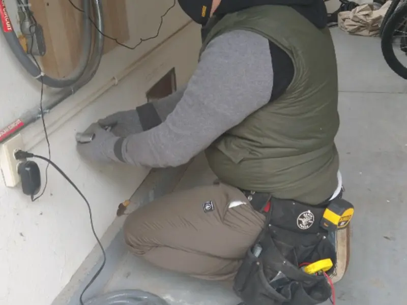 Electrician performing outlet wiring in a Mill Creek East garage